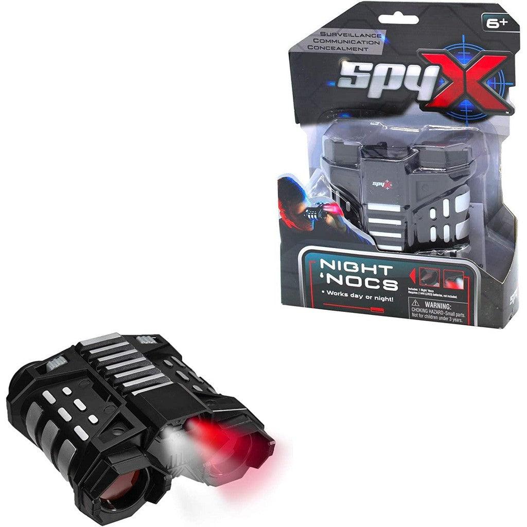 this image shows the night nocs spy goggles in the package and outside of it. the goggles shine a light to helpp see in a spy mission