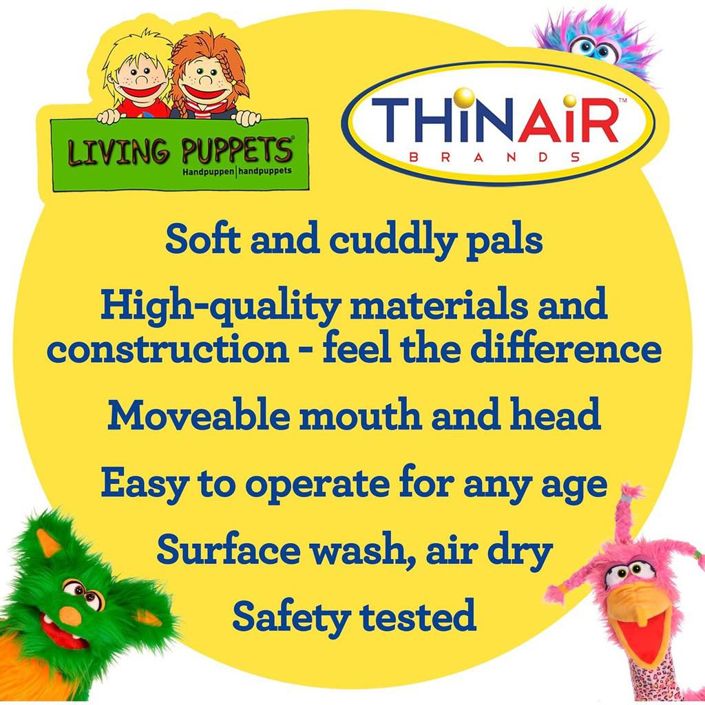 this image has a thin air statement on it. "Soft and cuddly pals. High quality materials and construction - feel the difference. Movable mouth and head. Easy to operate for any age. Surface wash, air dry. Safety tested