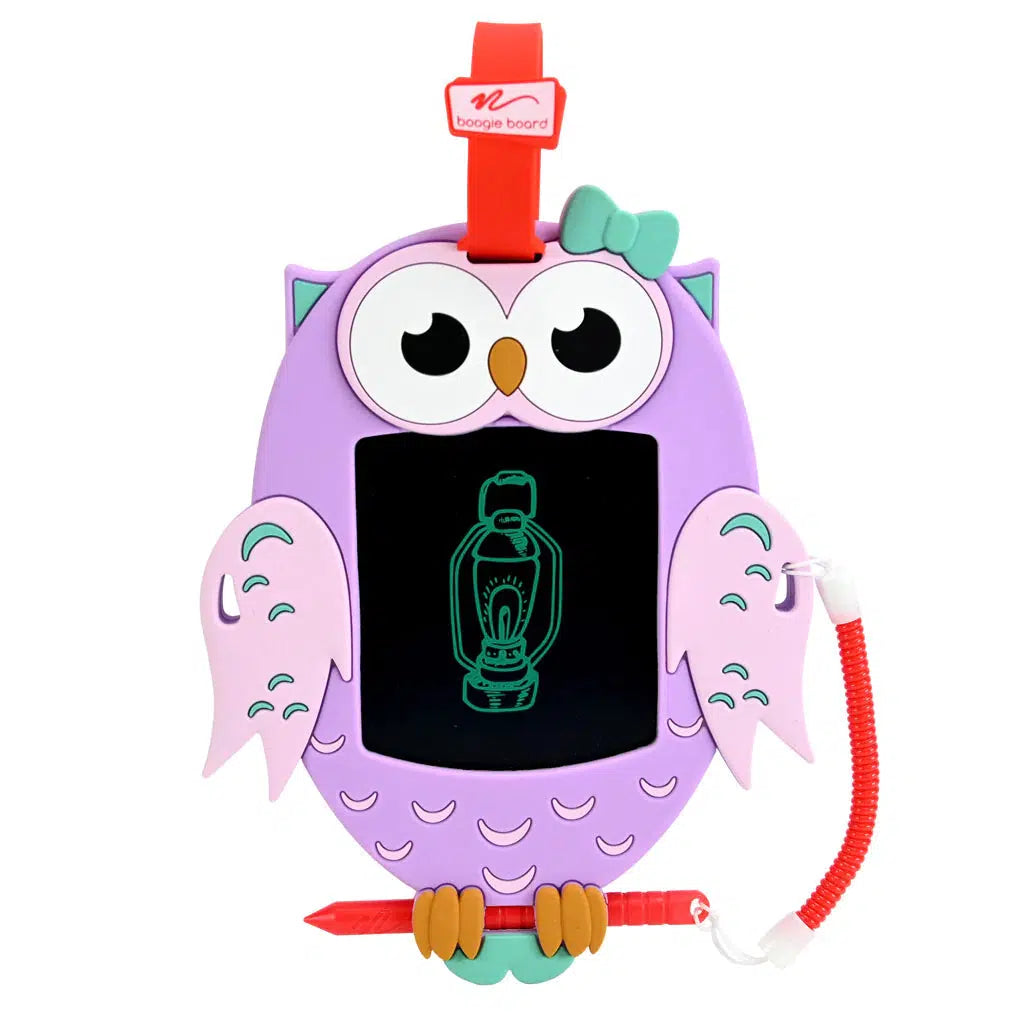 izzy the owl is holding the pen in her talons, her belly is a boogie board to draw on