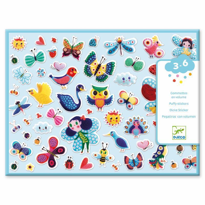 Image of the PG Stickers Little Wings. They are puffy stickers of animals and insects that have wings (this also includes fairies). It is all done in a cartoon style.