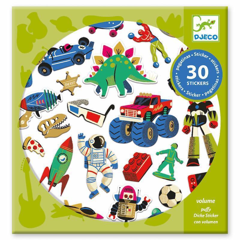 Image of the PG Stickers Retro Toys. The stickers are themed after retro toys such as old fashioned ray guns, trucks, green army men, and stretchy toys.