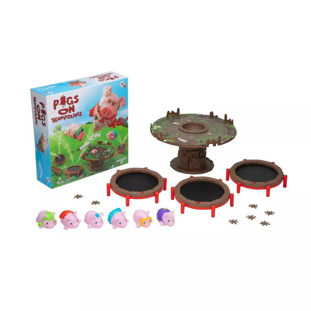 thiss image shows the box and set up for pigs on a trampoline. there are 6 pigs, a elevated mud hole, and three trampolines in the game
