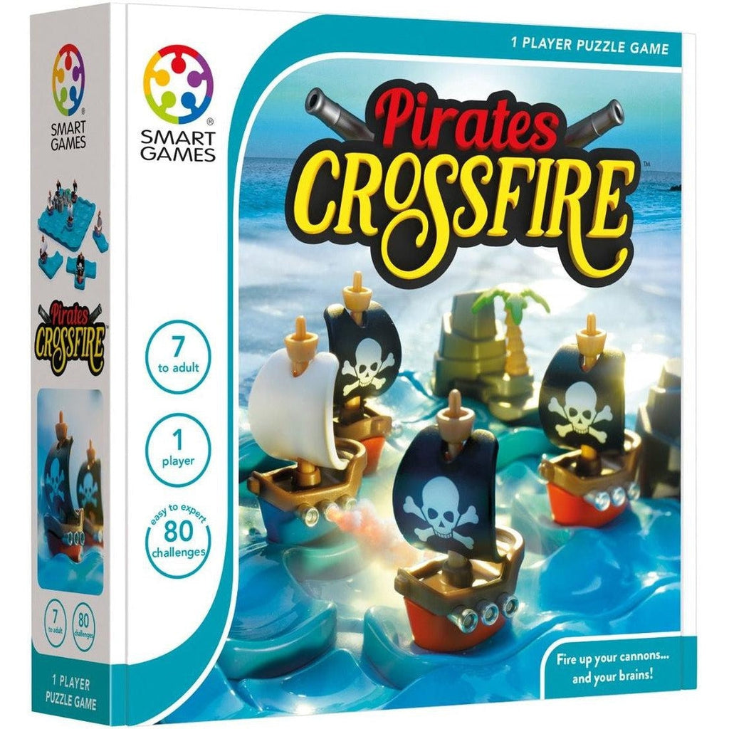 Image of the box for the games Pirates Crossfire. On the front is a picture of the puzzle game pieces out on the ocean.