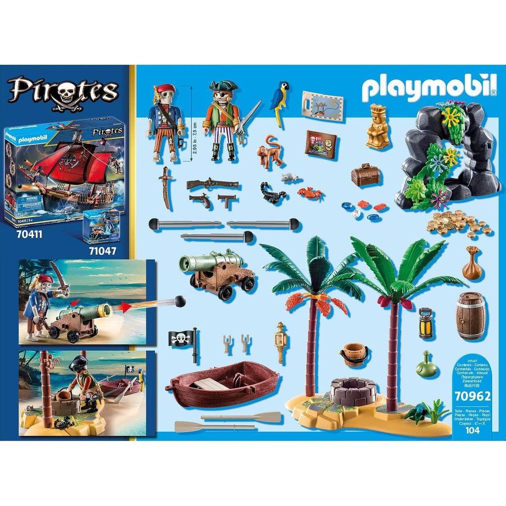 This picture shows the back of the box, showing all the items included in the box. There is a pirate, a skeleton, a parrot, monkey, some bugs and fish, treasure, gold, palm trees, a cannon, boat, flag and accessories for an island adventure.