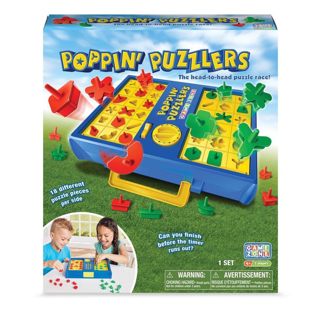 The box cover had a case with two sets of colored puzzle pieces. text reads "18 different puzzle pieces, can you finish before the timer runs out?" The game comes with handles on the side so a child can bring the puzzle game with them to have fun with friends. 
