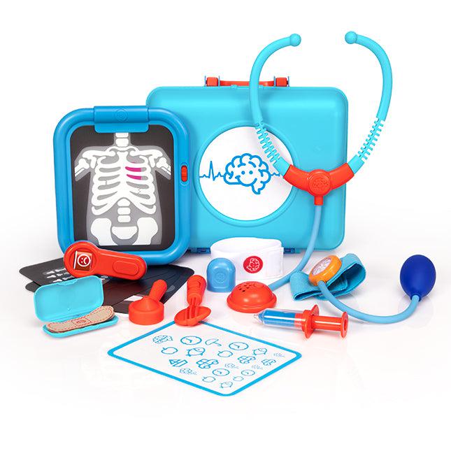 time for a check up! let your child examine you as they practice to be a doctor. this image shows all the tools and toys. fake needles, gauze, and tools used to get an x ray and more are in the kit