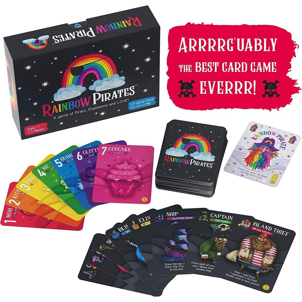Shows some of the cards included in the game. It has pirate cards and specialty rainbow cards. The back of the deck of playing cards is the same symbol as on the box.