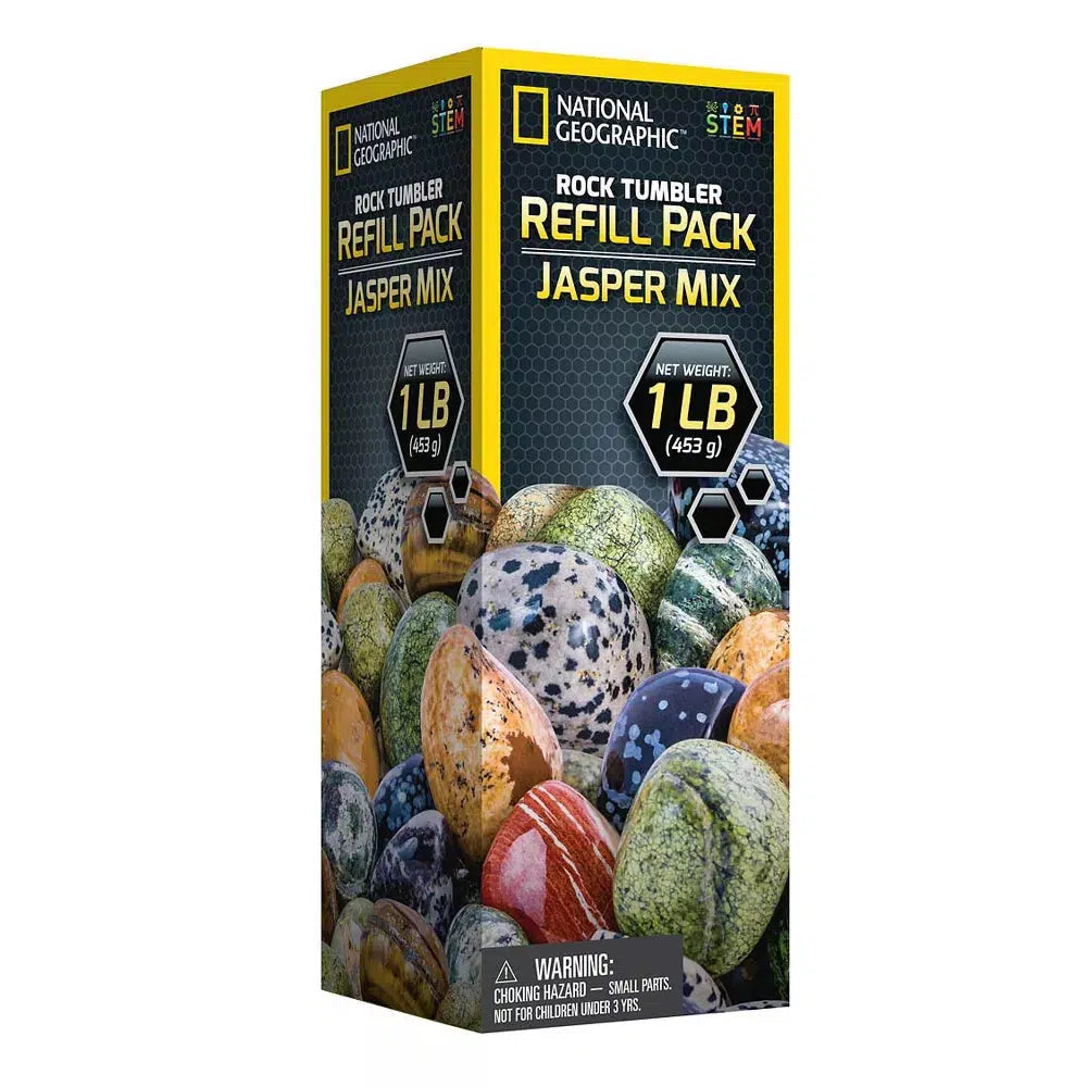 Image shows the national geographic rock tumbler refill pack. The jasper mix contains a pound of rough stones to tumble and polish. 
