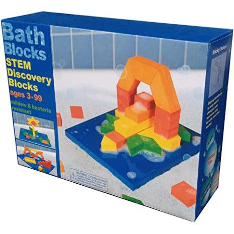 Image of the packaging for the STEM Discovery Bath Blocks. On the front is a picture of an example of a structure that you could build with the included blocks.