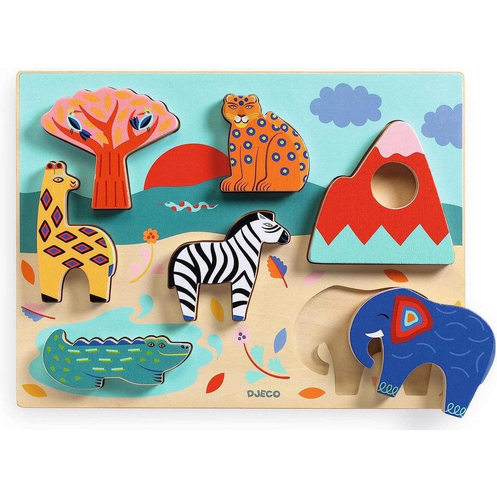 Image of the wooden puzzle board. The background has a scene of a savanna. It comes with animal and scenery wooden puzzle pieces that fit on top.