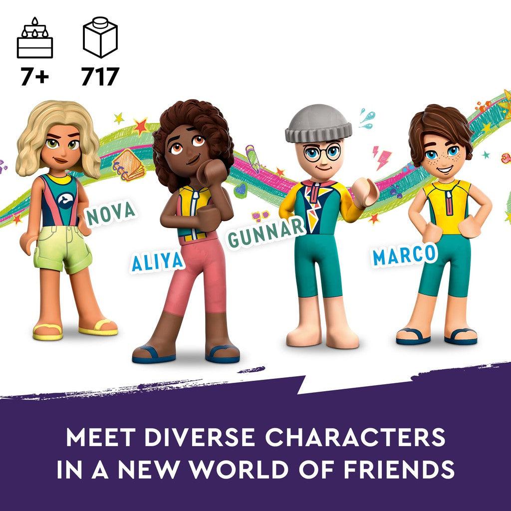 for ages 7+ with 717 LEGO pieces. Meet diverse characters in a new world of friends, Nova, Aliya, Gunnar, Marco