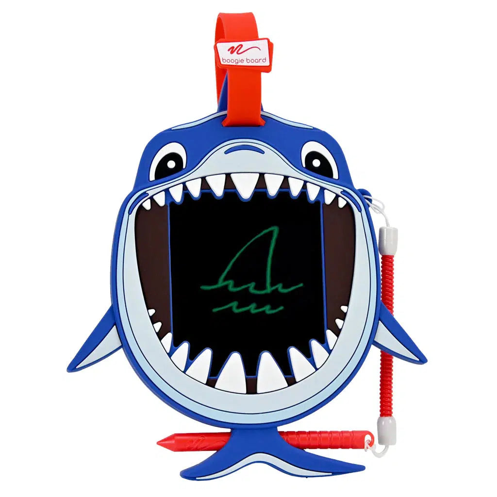 a smiling shark is the border for the clip able boogie board. 
