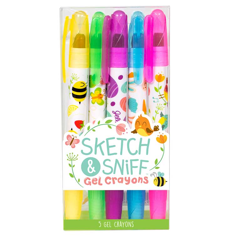 Image of the packaging for the Sketch & Sniff Spring Gel Crayons 5 pack. The box it comes in is clear so you can see the crayons inside.