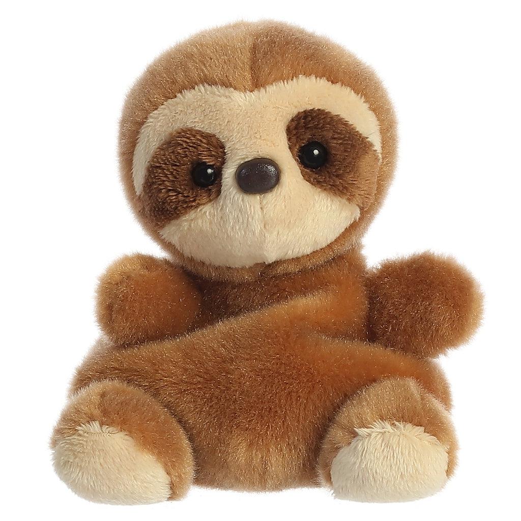 Image of the Slomo Sloth plush. He has a brown body with part of his face and the bottoms of his feet tan. He has no mouth.