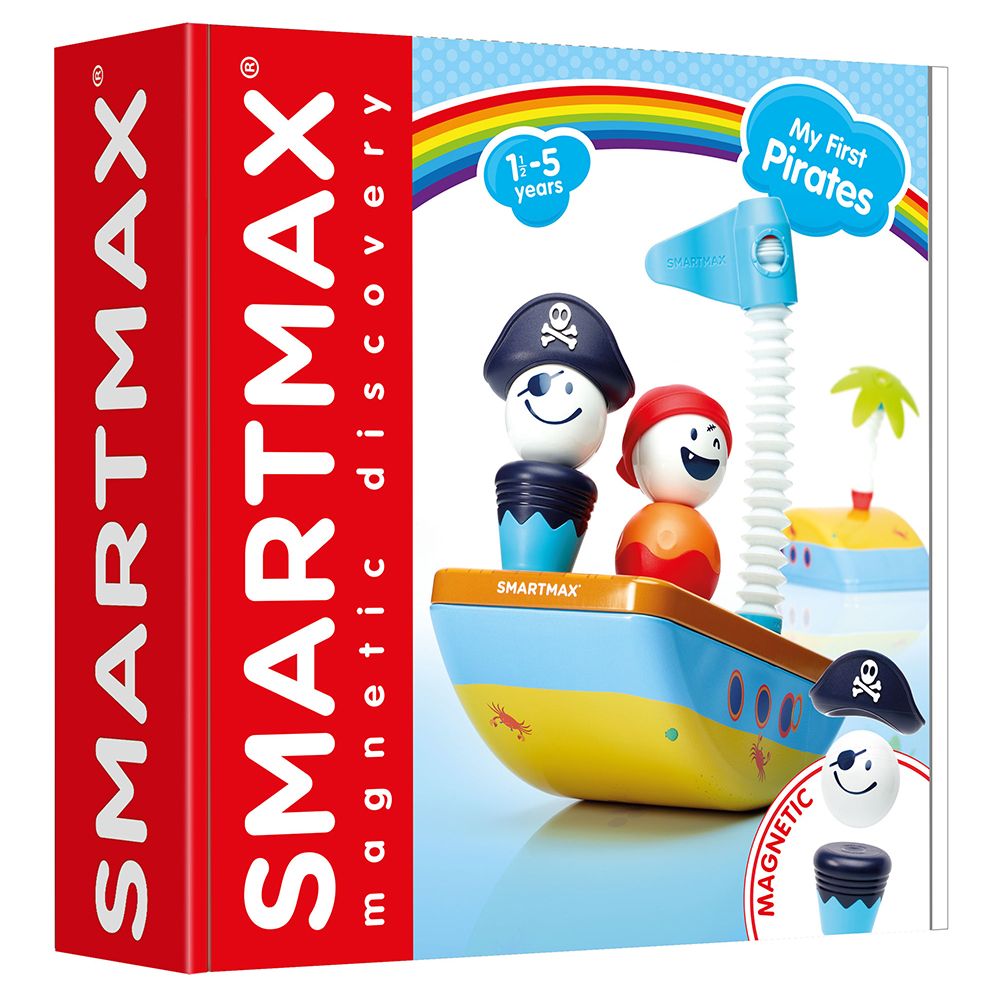 this image shows the front box of the pirates from smartmax. there is a captain and 1st mate on the small ship with a flag!the pirates are magnetic and safe for kids
