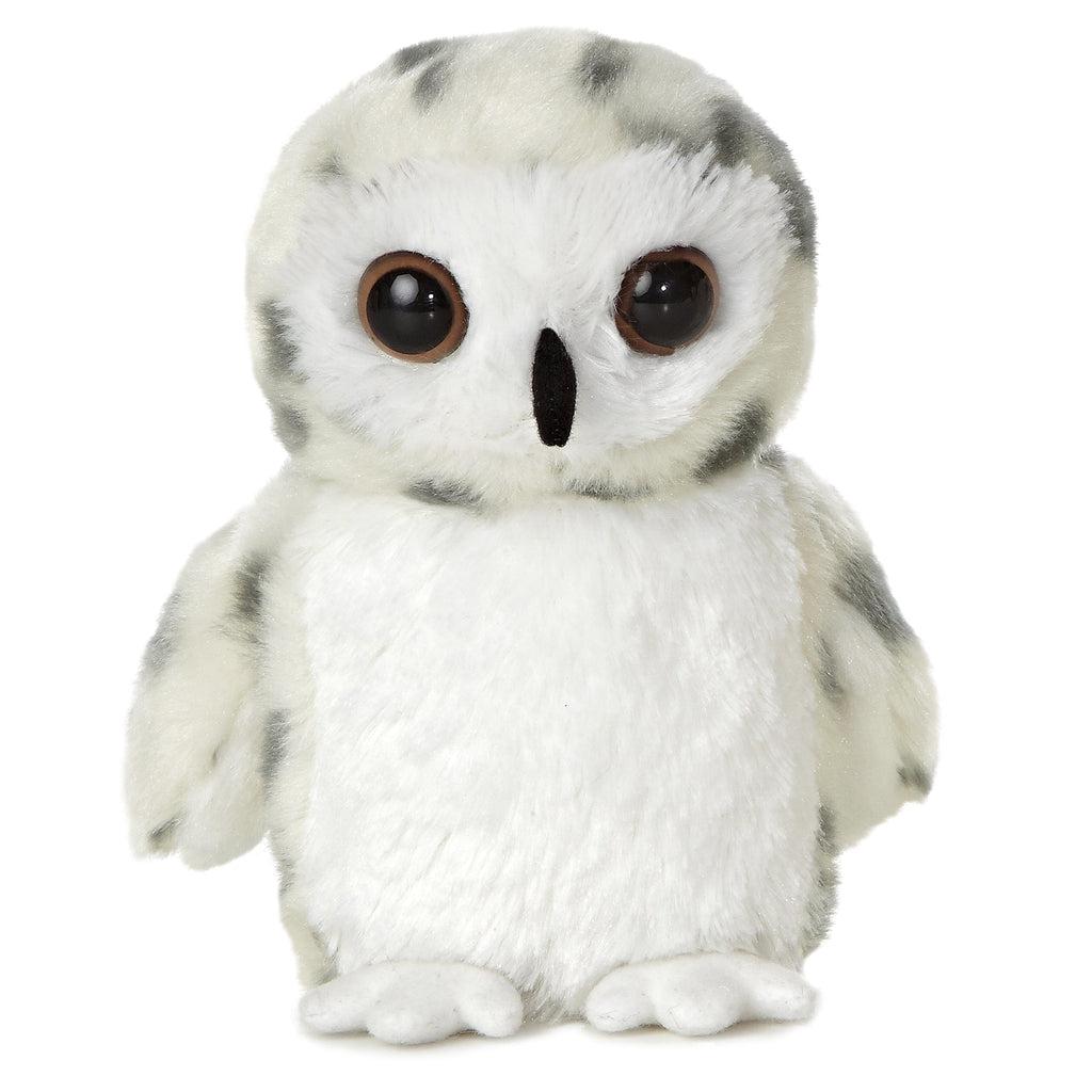 Image of the Snowy Owl plush. It is white and grey with a completely white belly and face. He has brown eyes.