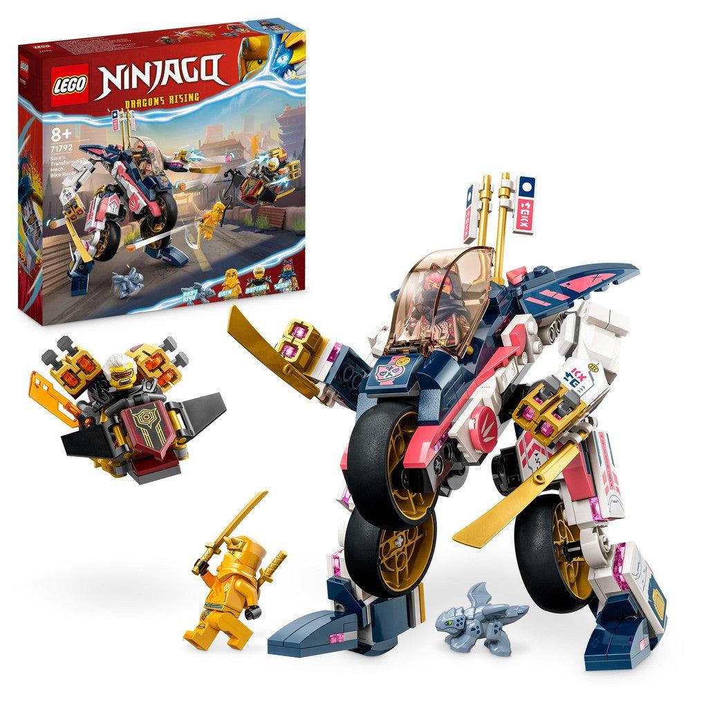 the LEGO Ninjago transformation mech bike racer is a large mech with a dragon accessory from Ninjago