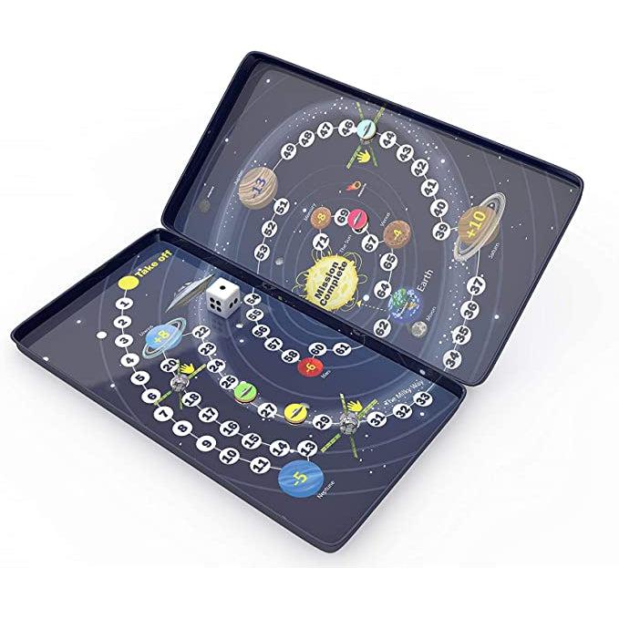 Image of the inside of the game tin. It has a picture of the solar system with a game board path on top. It comes with a die and player tokens.