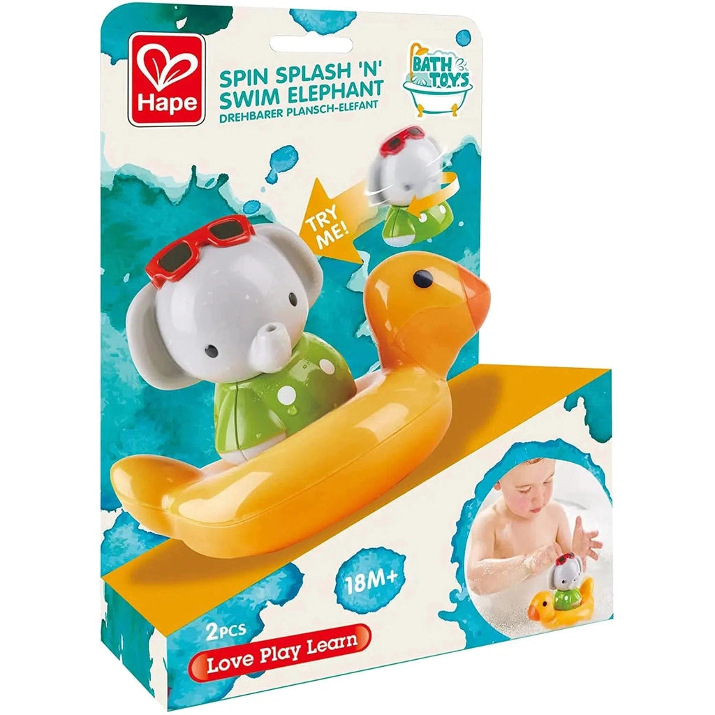 Image of the packaging for the Spin Splash n' Swim Elephant. The front is open so you can see and touch the bath toy.