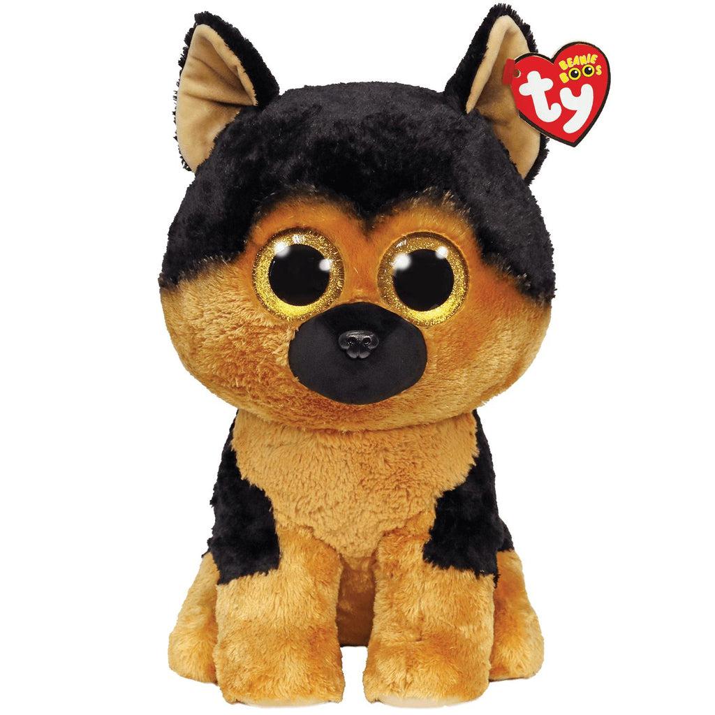 Image of the Spirit the German Shepard plush. It is a black and caramel colored dog with golden eyes.