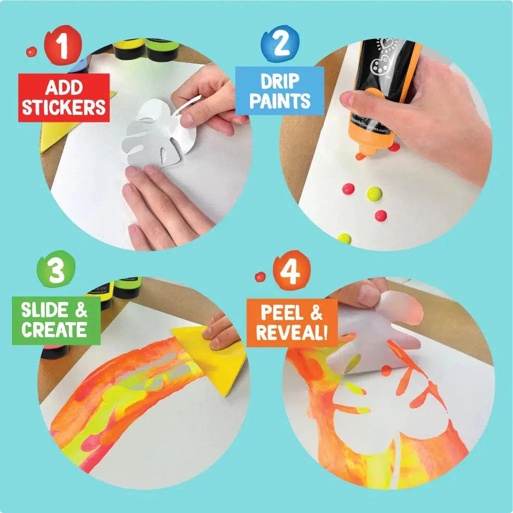 this image shows the steps to making art Add stickers - drip paints - slide and create- peel and reveal!