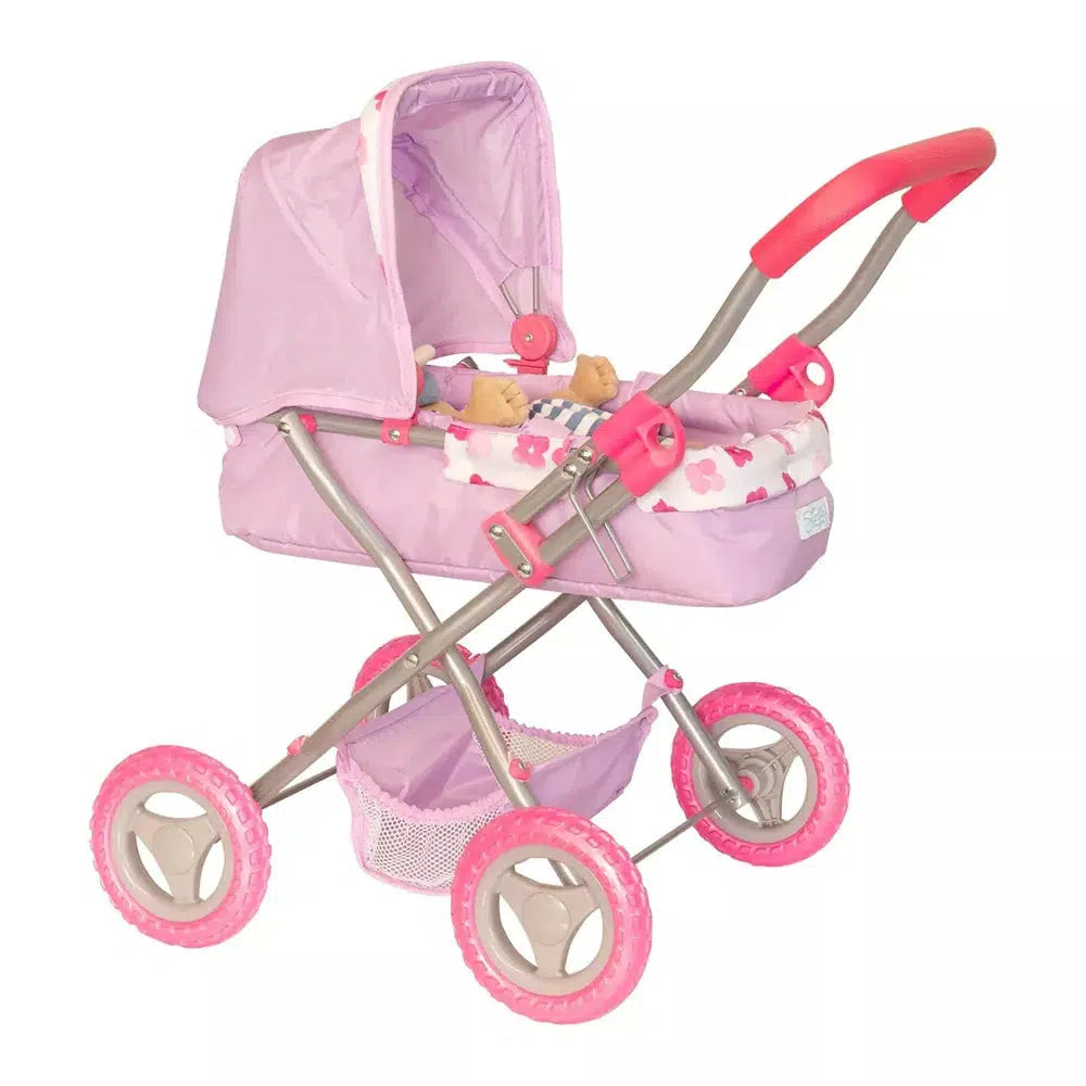 this image shows the buggy stroller. its pink and small, useful for pushing around a doll. 