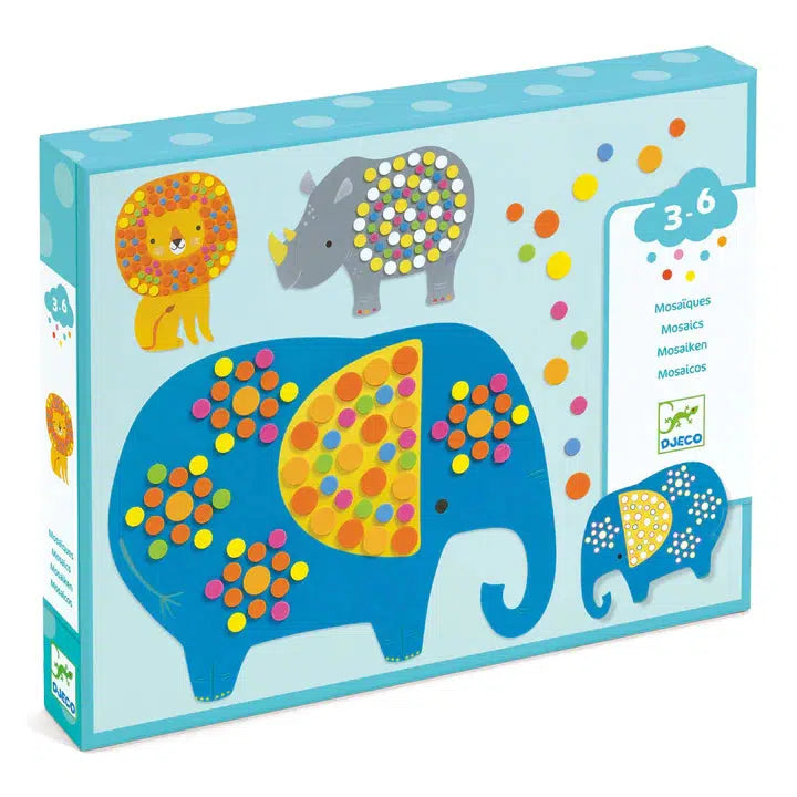 Image of the packaging for the Sticker Mosaic Soft Jungle craft. On the front is an example of what the finished product could look like.