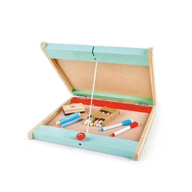 Shows that the easel itself is a carrying case for the chalk and expo markers the easel comes with.