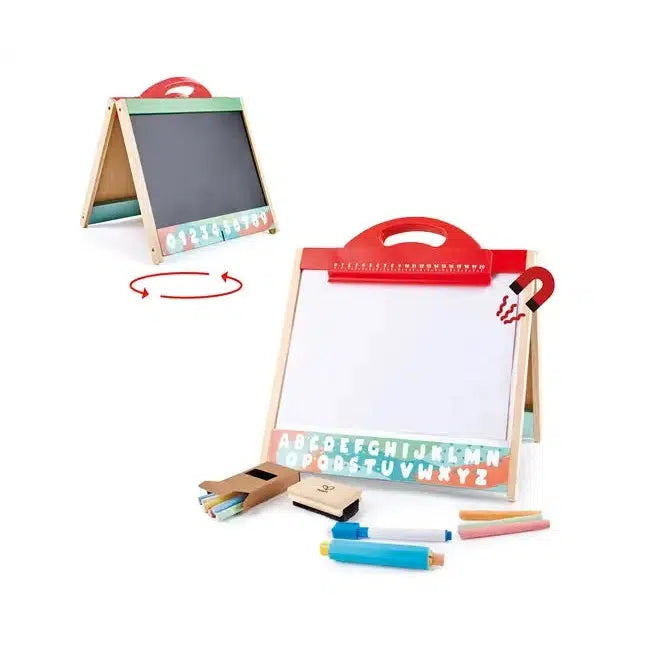 Image of the Store & Go Easel. It has two sides, a magnetic white board, and a chalk board. On the top is a red handle for easy carrying, and on the bottom of each side is a picture of either the letters of the alphabet or all 10 digits of the Arabic numeric system. 