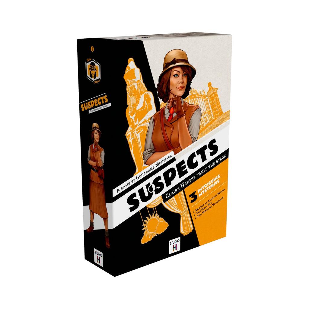 Image of the box for the game Suspects. On the front is an illustration of detective woman with several famous landmarks behind her.