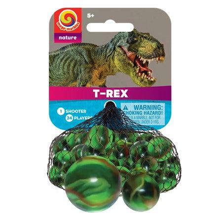 Image of the T-Rex glass marbles. They are a mixture of dark translucent green and lighter opaque green with thin red and yellow stripes.