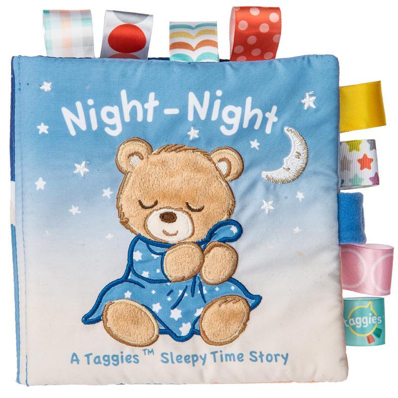 Image of the Taggies Starry Night Teddy Soft Book. On the cover is an embroidered teddy bear in a sleeping gown and crescent moon in the background with the title "Night-Night".
