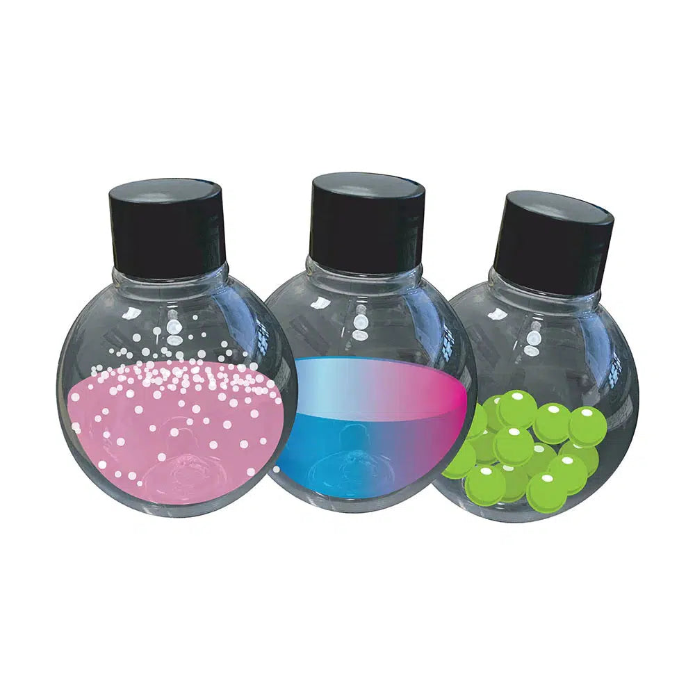 this image shows 3 flasks that are in the box filled with different liquids that can be used to make edible science
