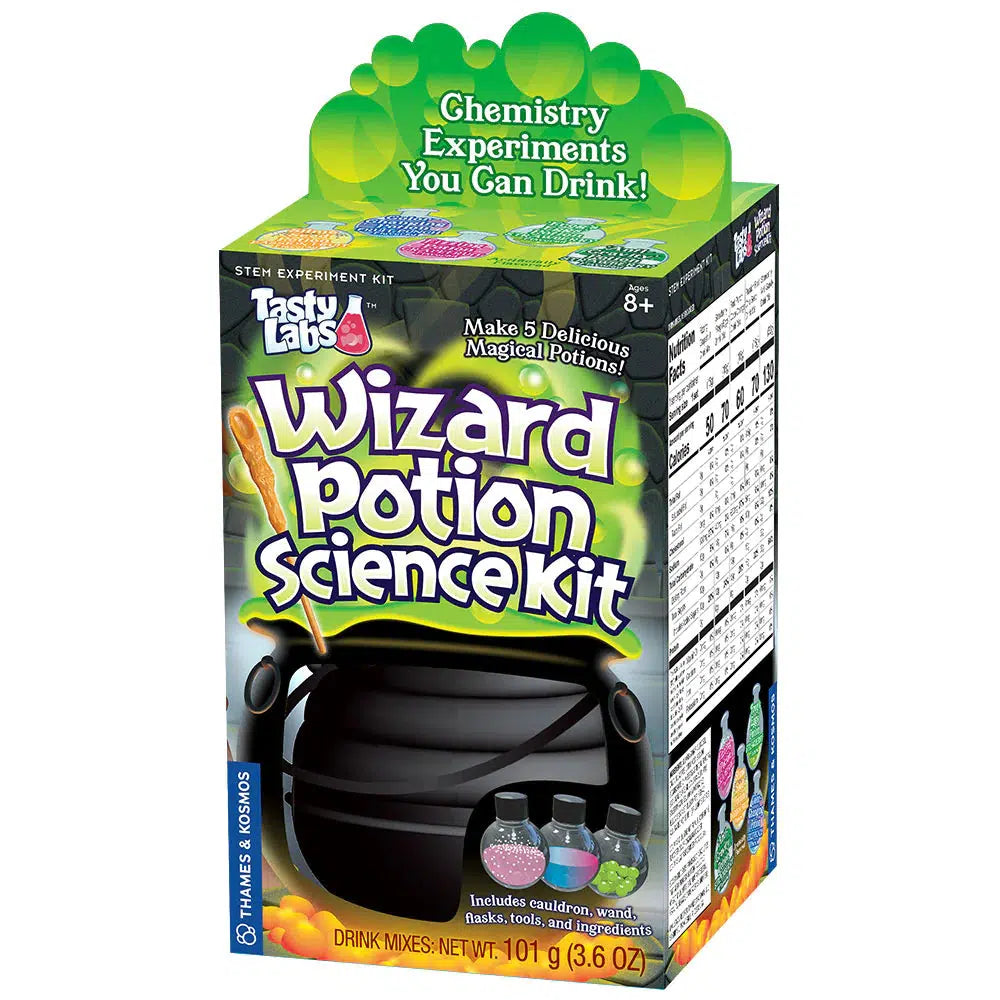 this image shows the font of the box for a wizard potion science kit. this is a chemistry experiment you can drink!