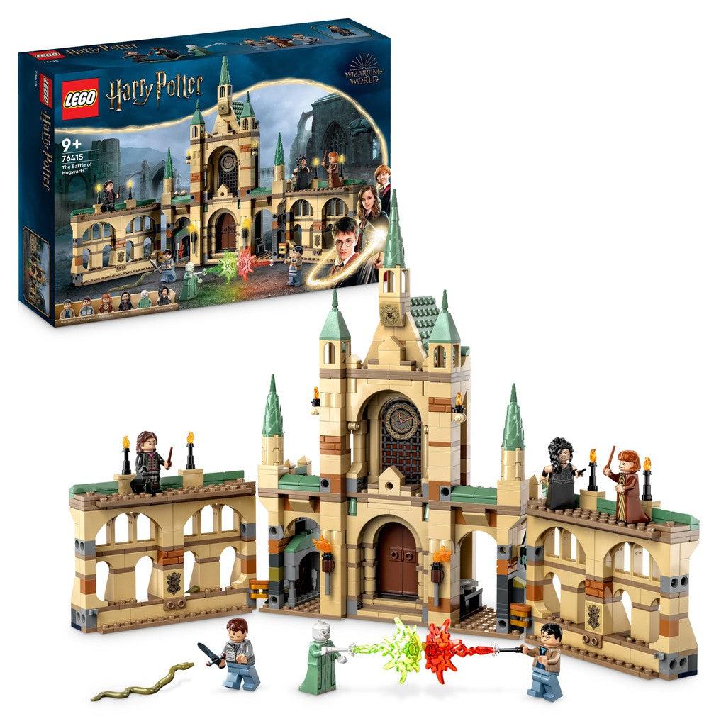 the LEGO herry potter battle at hogwarts features Hogwarts castle during its final showdown of good and evil
