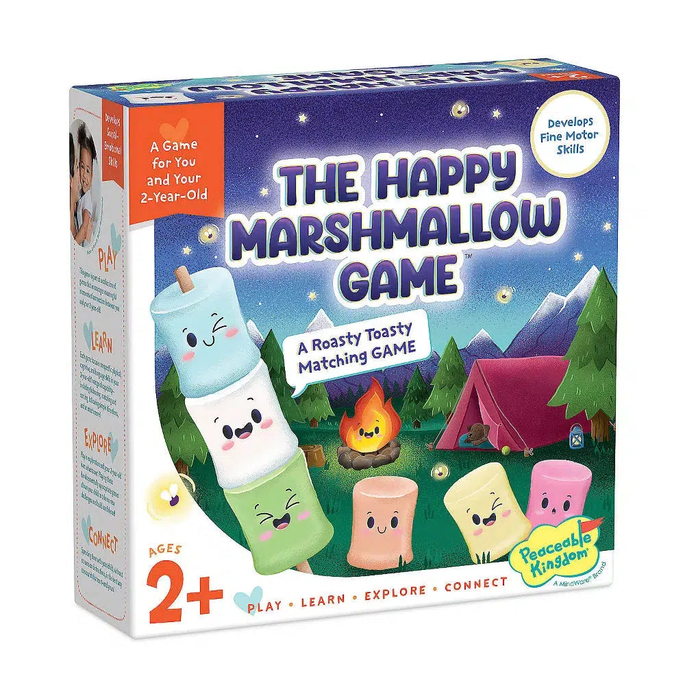 this image shows the box for the happy marshmallow game. help deliver fine motor skills with a roasty toasty marshmallow game. box shows marhmallows on a stick ready to roast in a fire