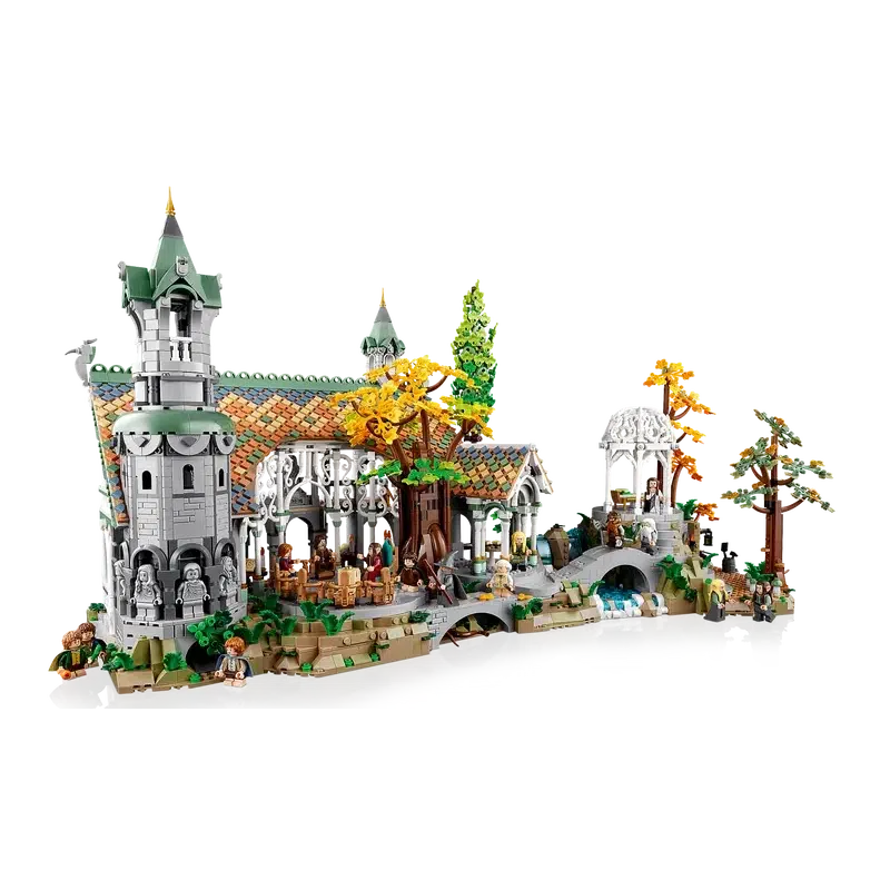 Image of the fully built LEGO set. It is complete with part of the Elven castle and the surrounding landscape. It includes a gazebo, a river, and many trees.