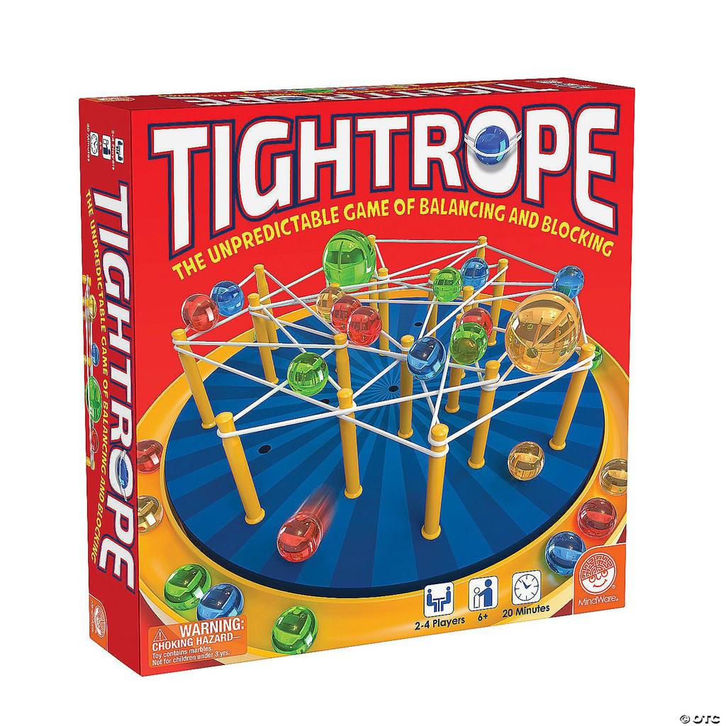 this image shows the game tightrope. text reads " The Unpredictable Game of Balancing and Blocking" there are pegs with ropes holding marbles. 