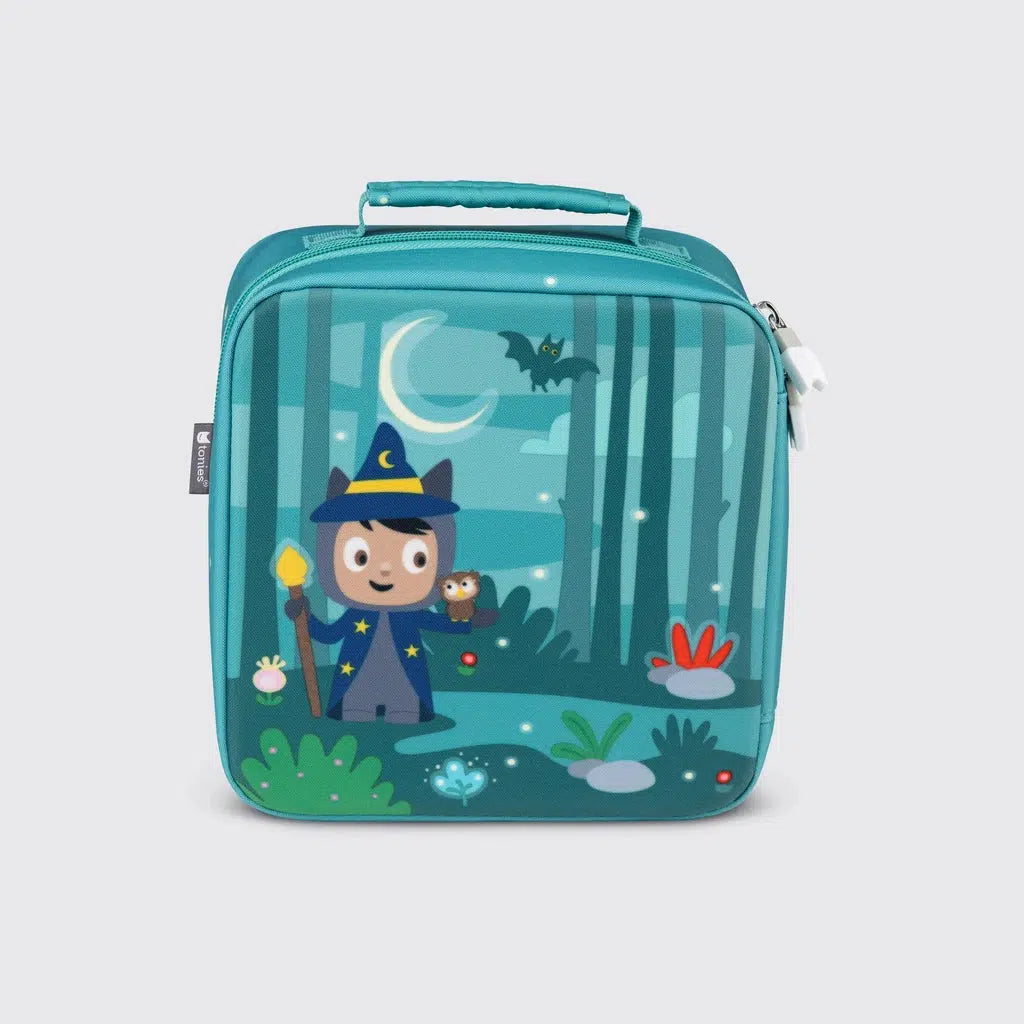 case made of teal green material with a tonie character dressed as a wizard on the front in a magical forest at night. Handle on the top and zippers to open and close the bag