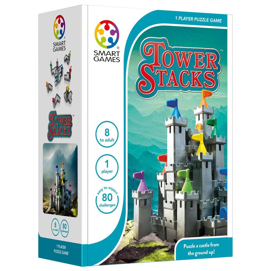 image shows the game tower stacks. Puzzle a castle from the ground up is written on the corner. the box shows a picture of a tower with different colored flags perched on top. 