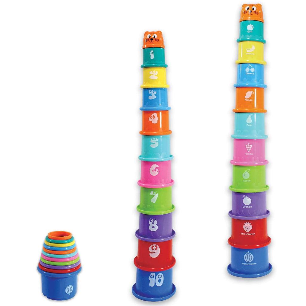 Image of the stacking cups outside of the packaging. The toy comes with 11 cups. One has the face of a cat on it, and the other 10 have their respective numbers on it with a picture of a different fruit on the back of the cup. Each cup is a different color.