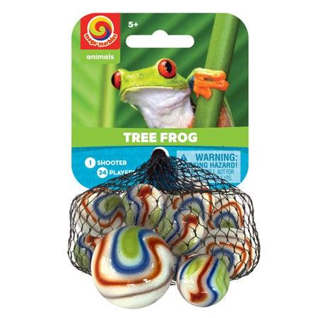 Image of the Tree Frog glass marbles. They are mainly white with wavy red, blue, green, and brown stripes along the outside edge.