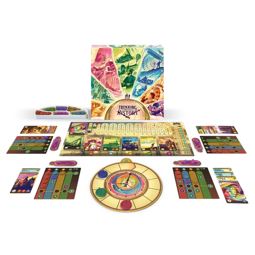 Image of the fully set up game board. There is a board in the middle that holds communal items, but every player gets their own personal board as well. There is also a clock board included.