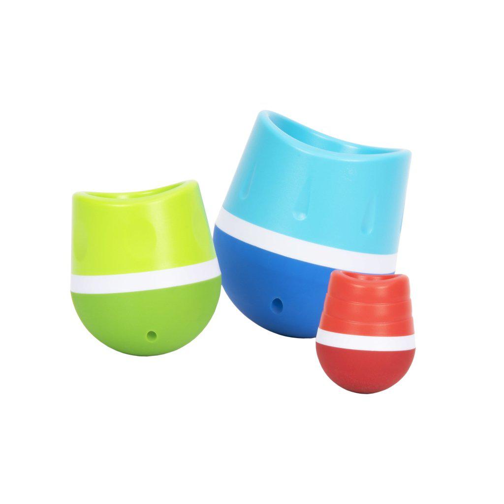 Image of the three wobbling cups. The biggest one is blue, then green, and the smallest one is red. Each of the bottoms are rounded so that they can move around.