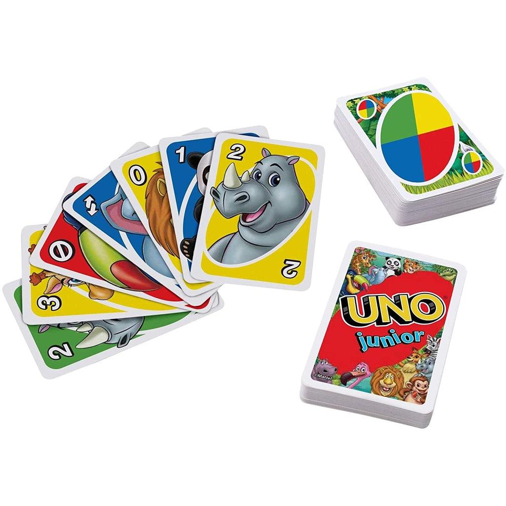 Image of the deck of cards outside of the box. The back of the deck of cards says UNO Junior and has animals surrounding the logo.