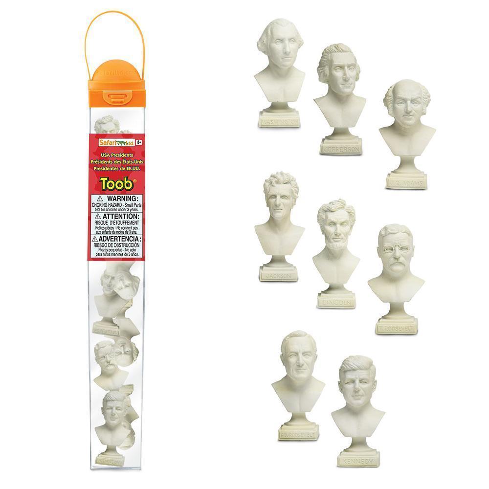 Image of the packaging for the USA Presidents TOOB figurine set. It is a clear, see-through tube with an orange lid.