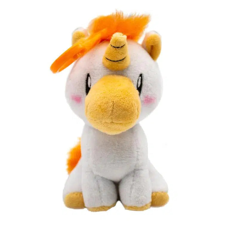 Image of the orange unicorn clip plush. It is white on the body with the hooves, muzzle, horn, mane, tail, and ears being colored.