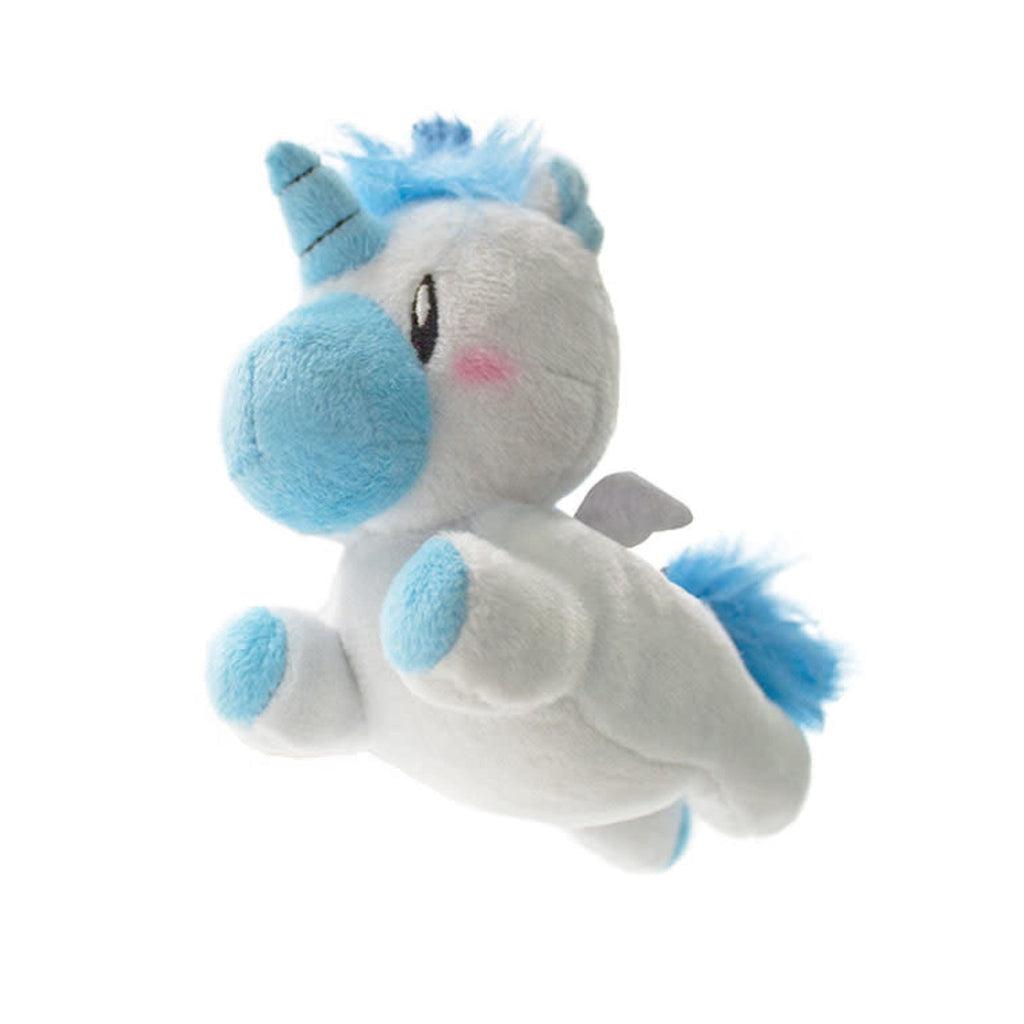 Image of the blue unicorn clip plush. It is white on the body with the hooves, muzzle, horn, mane, tail, and ears being colored.