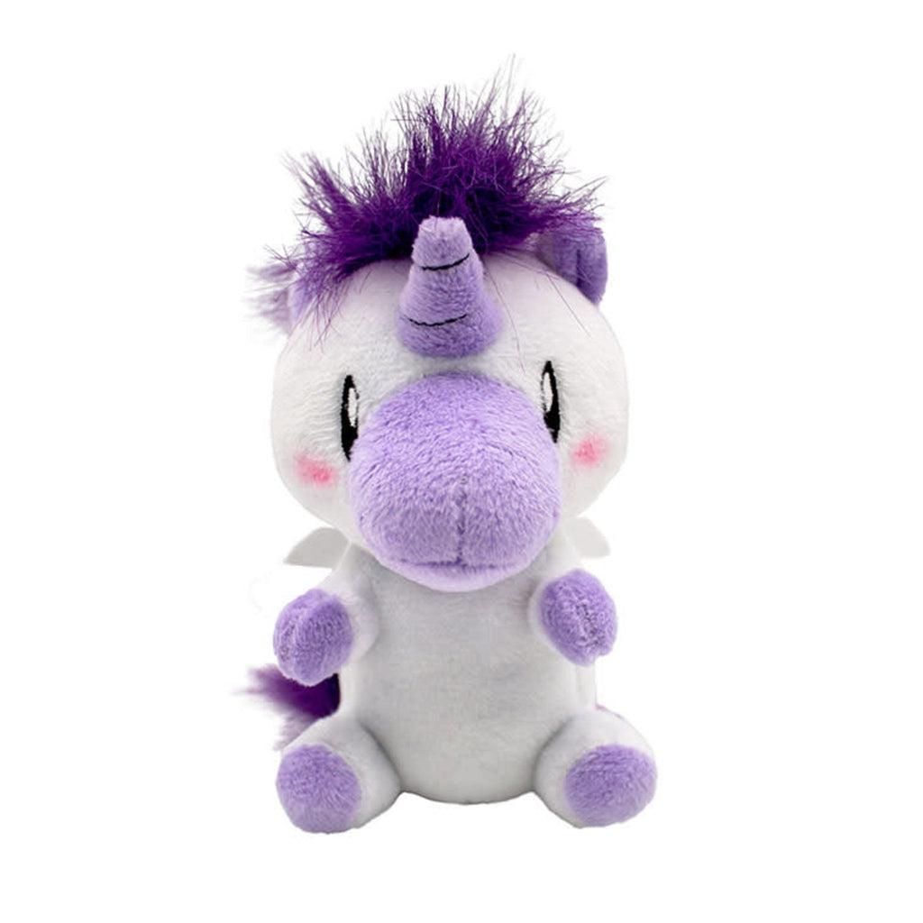 Image of the purple unicorn clip plush. It is white on the body with the hooves, muzzle, horn, mane, tail, and ears being colored.