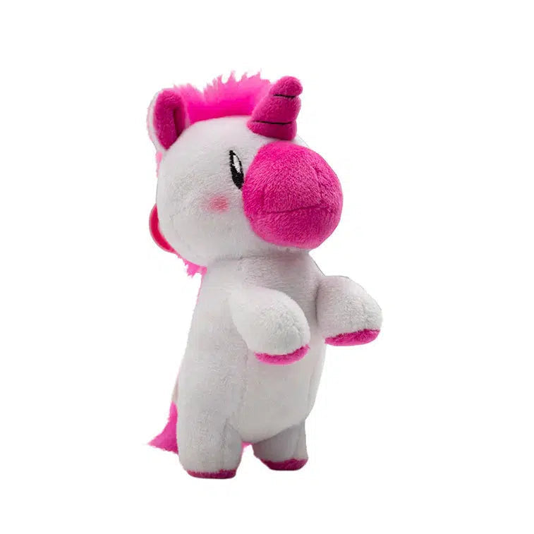 Image of the pink unicorn clip plush. It is white on the body with the hooves, muzzle, horn, mane, tail, and ears being colored.